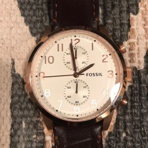 Fossil rose gold and brown leather watch